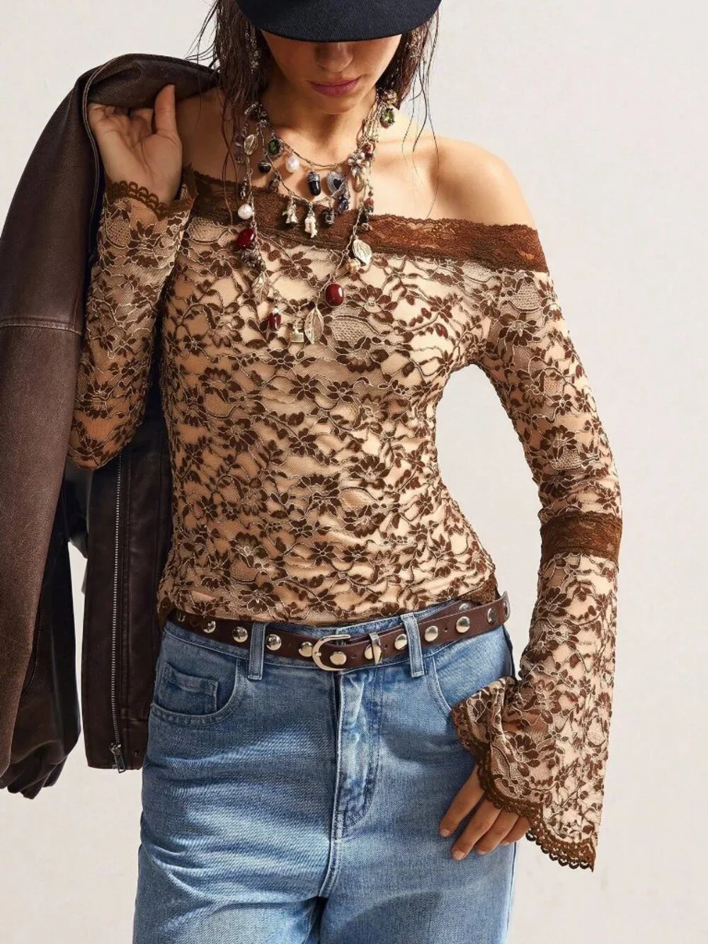 Brown Boho Casual Women's Knit Off-Shoulder Flare Long Sleeve Fitted Top